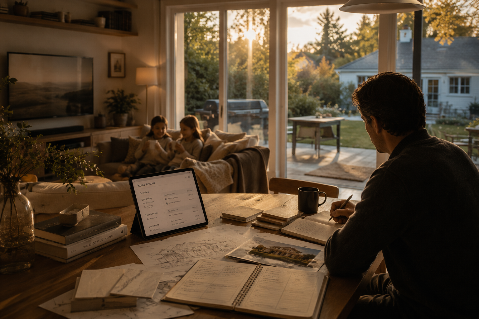 A homeowner preserving a home record while family life continues in warm evening light.