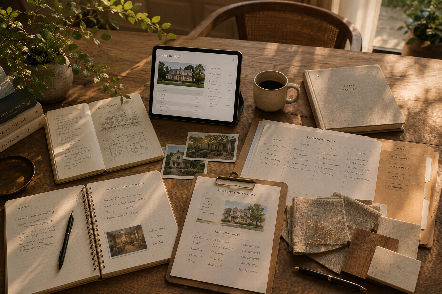 A warm home record arranged with notes, plans, seasonal context, and household materials in natural light.