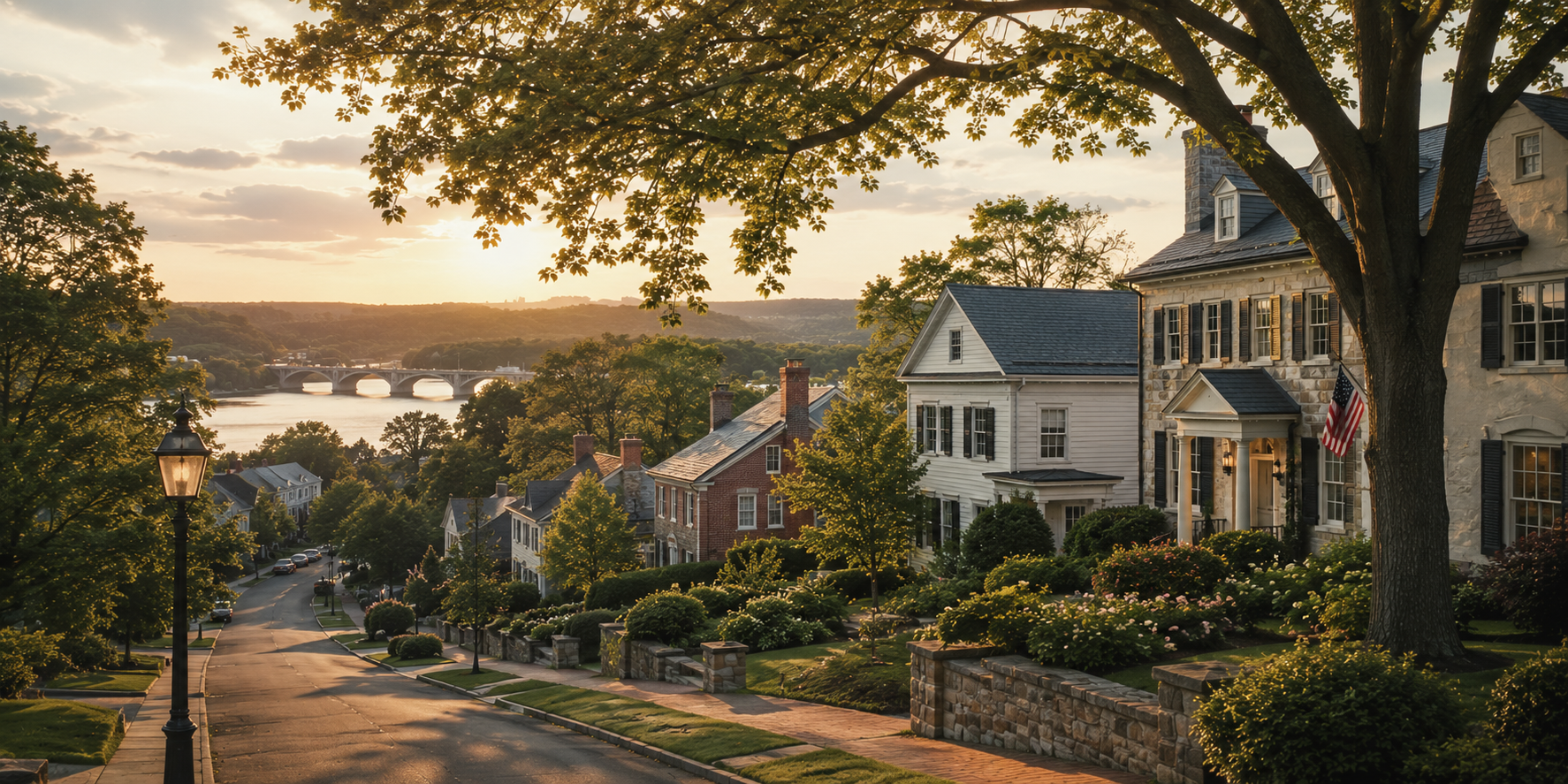 A warm Potomac neighborhood overlooking the river at golden hour, with cared-for homes and mature trees.