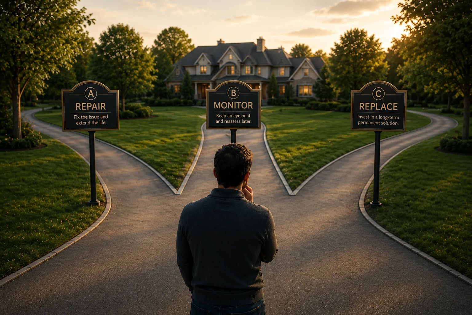 A homeowner stands before three clear choices: repair, monitor, or replace.