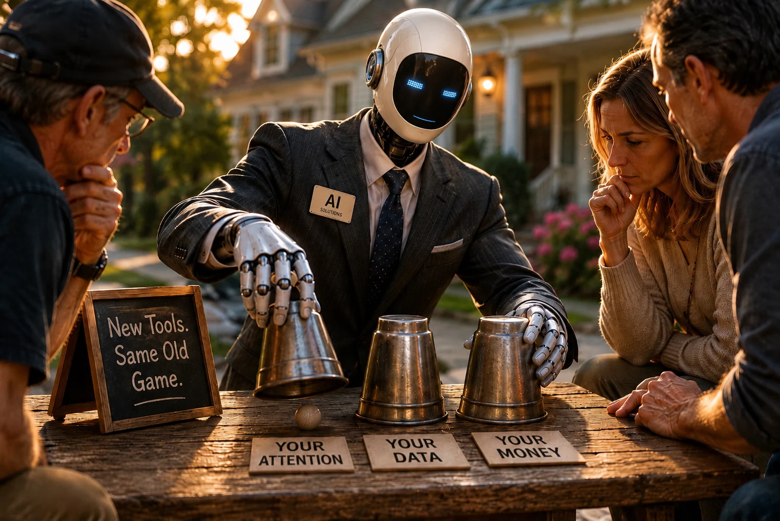 An AI robot performs a shell game while homeowners watch.