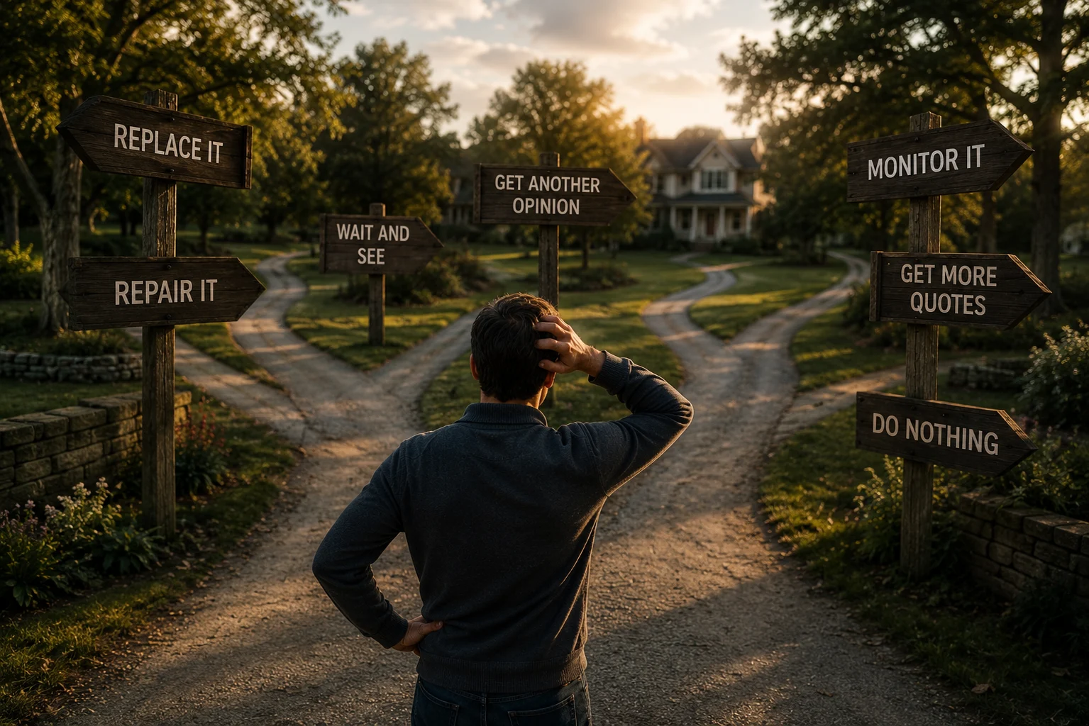 A homeowner stands at a confusing crossroads surrounded by too many possible choices.