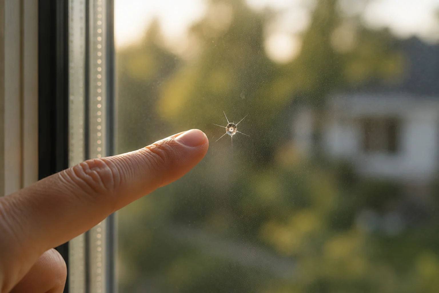 A homeowner notices a tiny crack in a window before it becomes a larger problem.