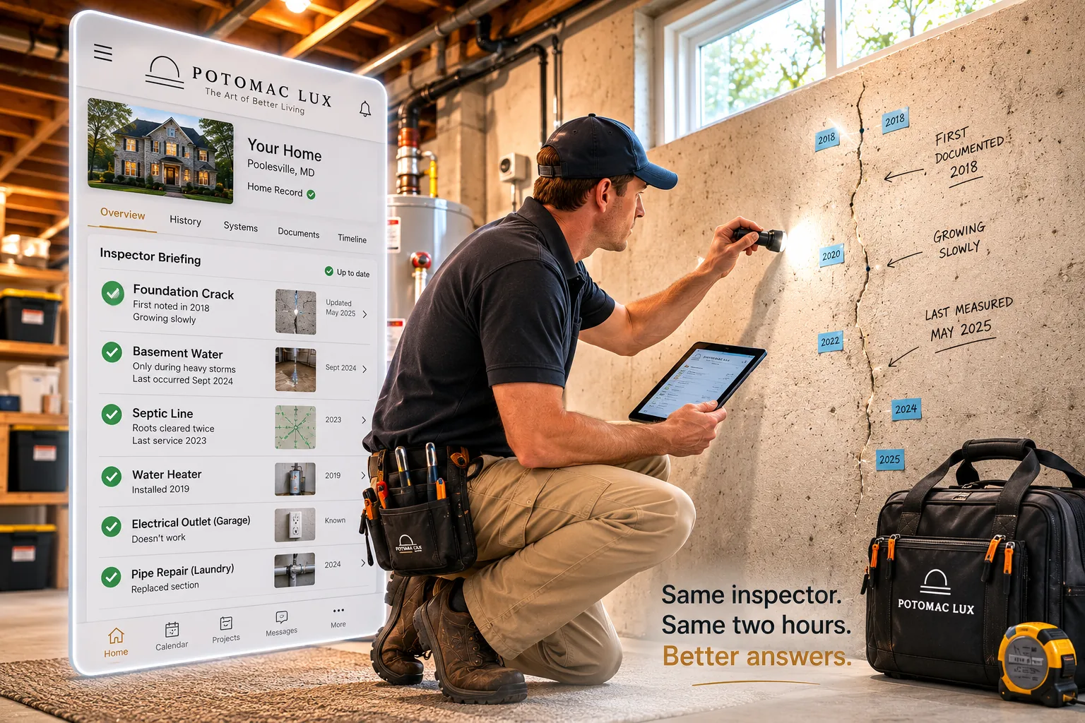 An inspector examining a documented foundation crack beside a Potomac Lux Home Record briefing with prior observations, repairs, equipment history, and dates.