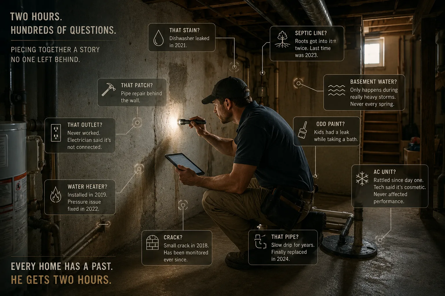 An inspector examining a basement while callouts show years of remembered leaks, repairs, recurring water, equipment history, and unresolved questions.