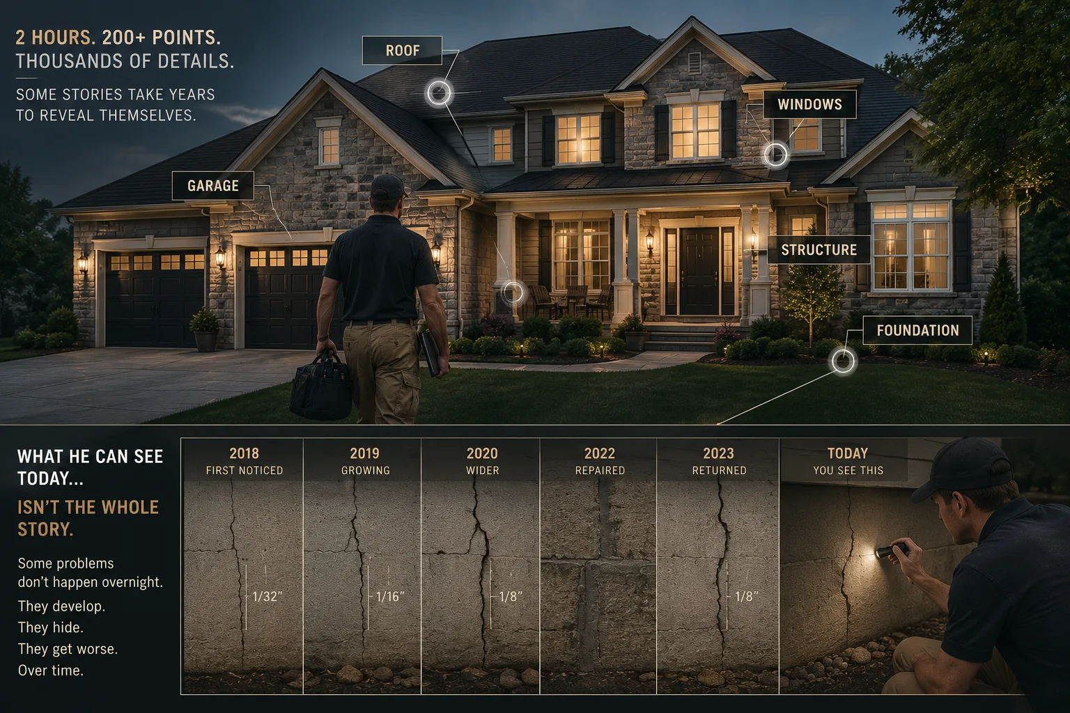 A home inspection graphic connecting the roof, windows, structure, garage, and foundation to a crack documented and repaired over several years.