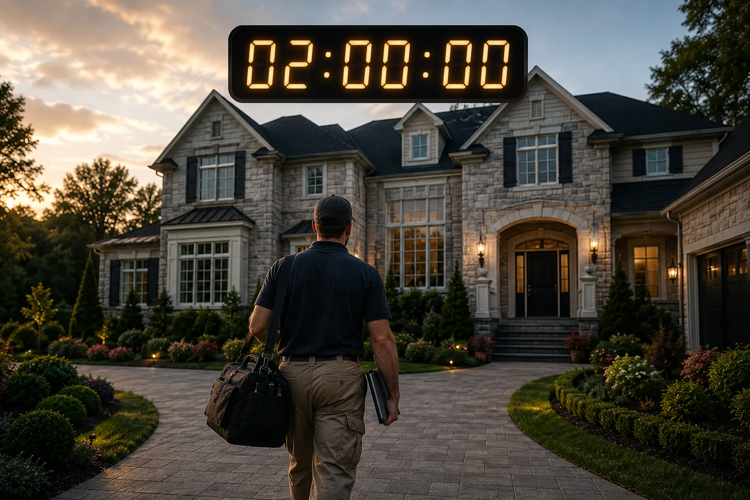A home inspector approaching a large stone home beneath a digital two-hour countdown.
