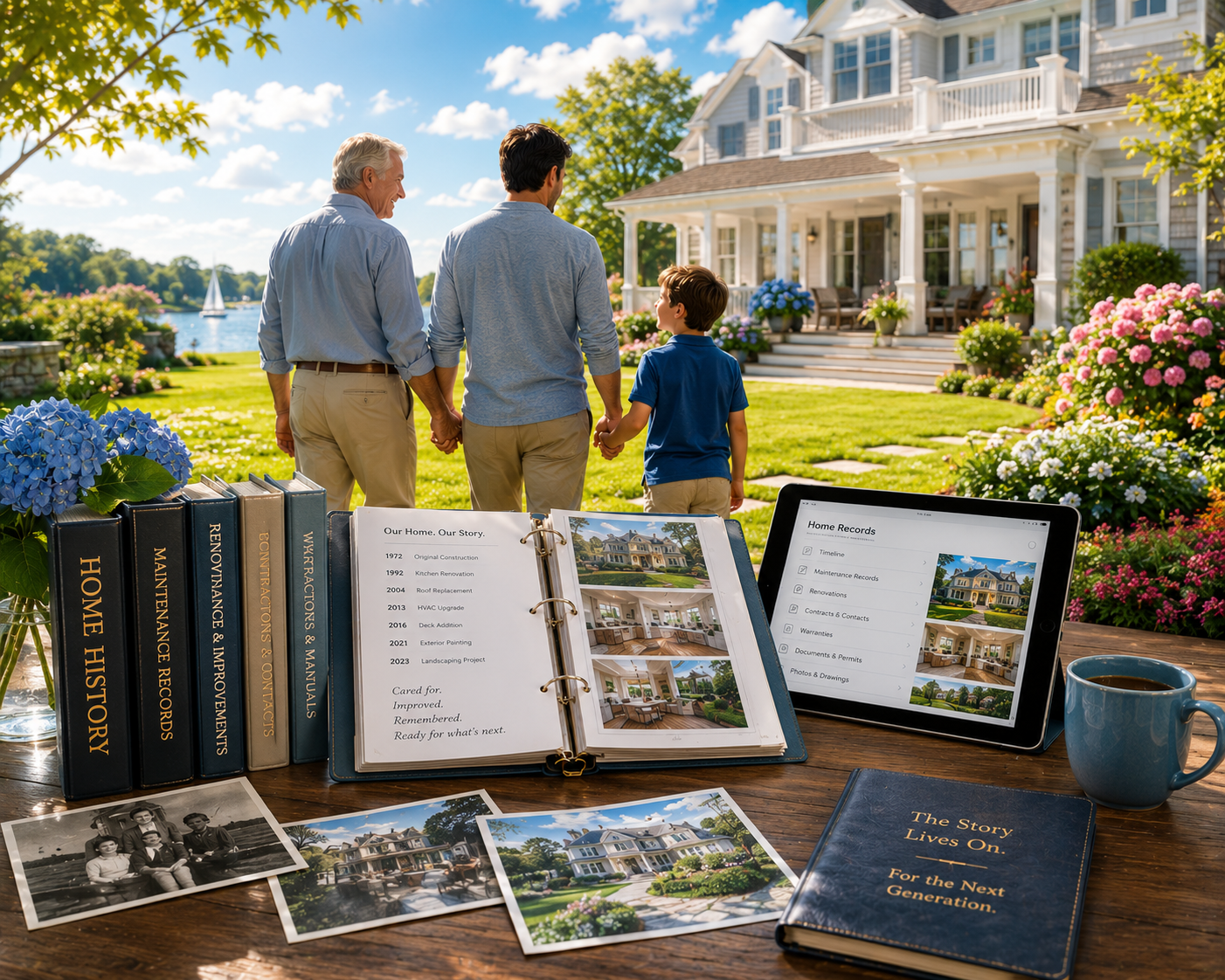 Three generations connected by a preserved home history and living record.