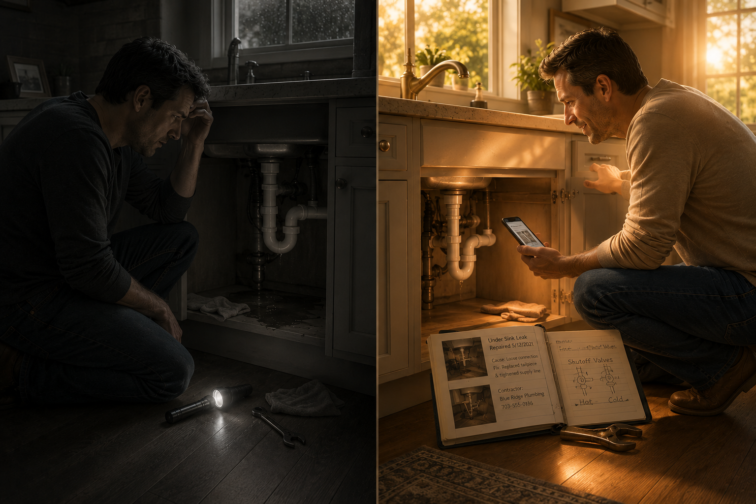 Two homeowners facing the same plumbing issue, one with context and one without.