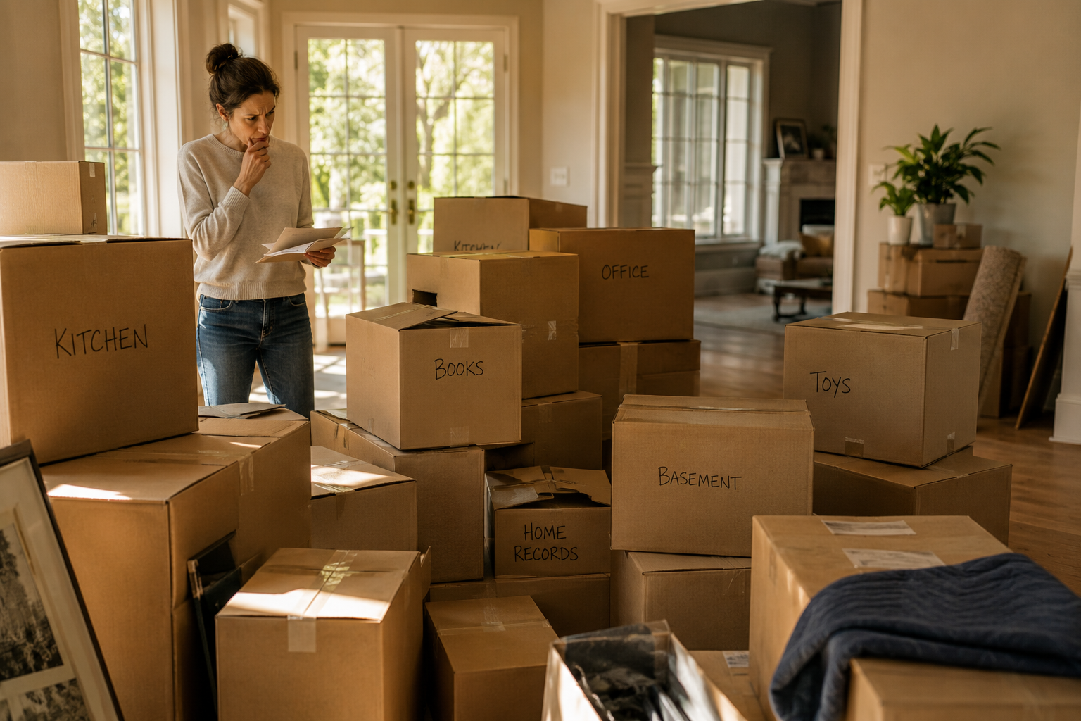 A homeowner searching through moving boxes for important home records before a move.