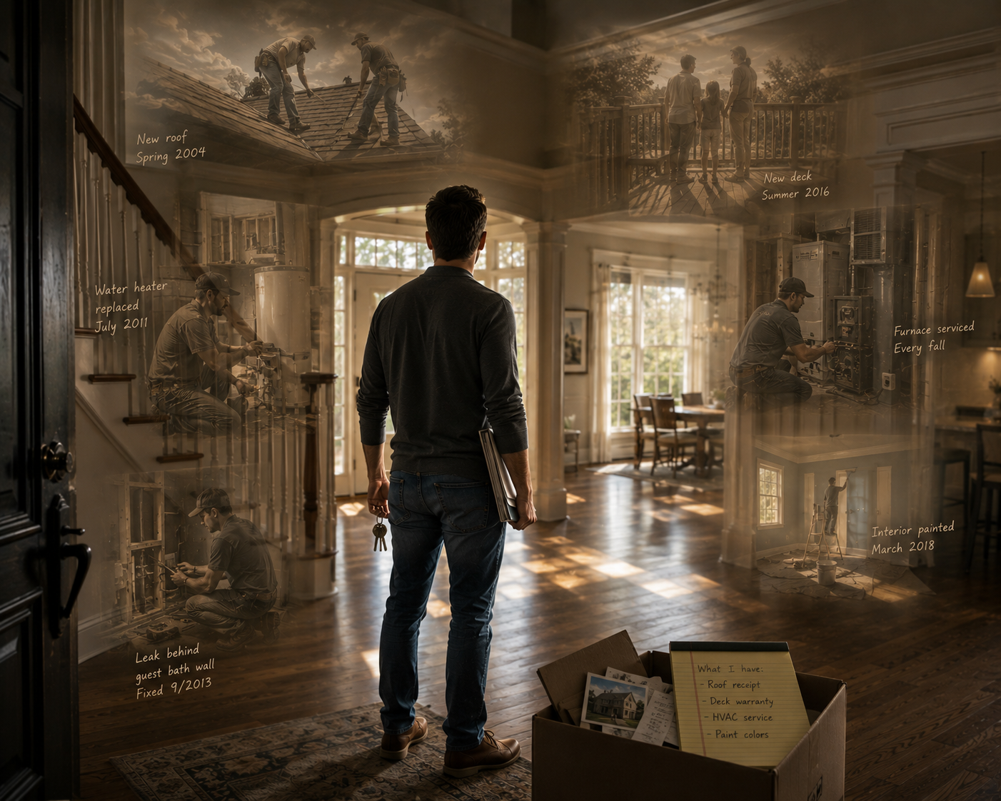 A homeowner entering a house surrounded by traces of repairs, renovations, and forgotten decisions.