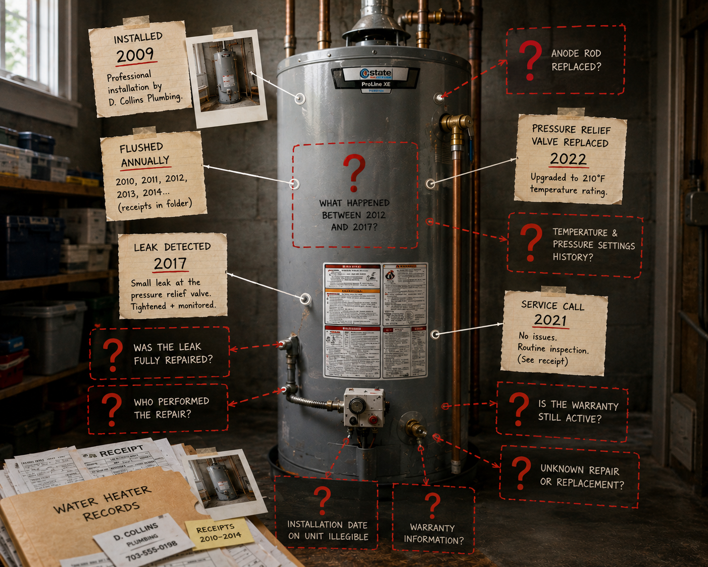 A water heater surrounded by maintenance notes, missing records, and unanswered questions.