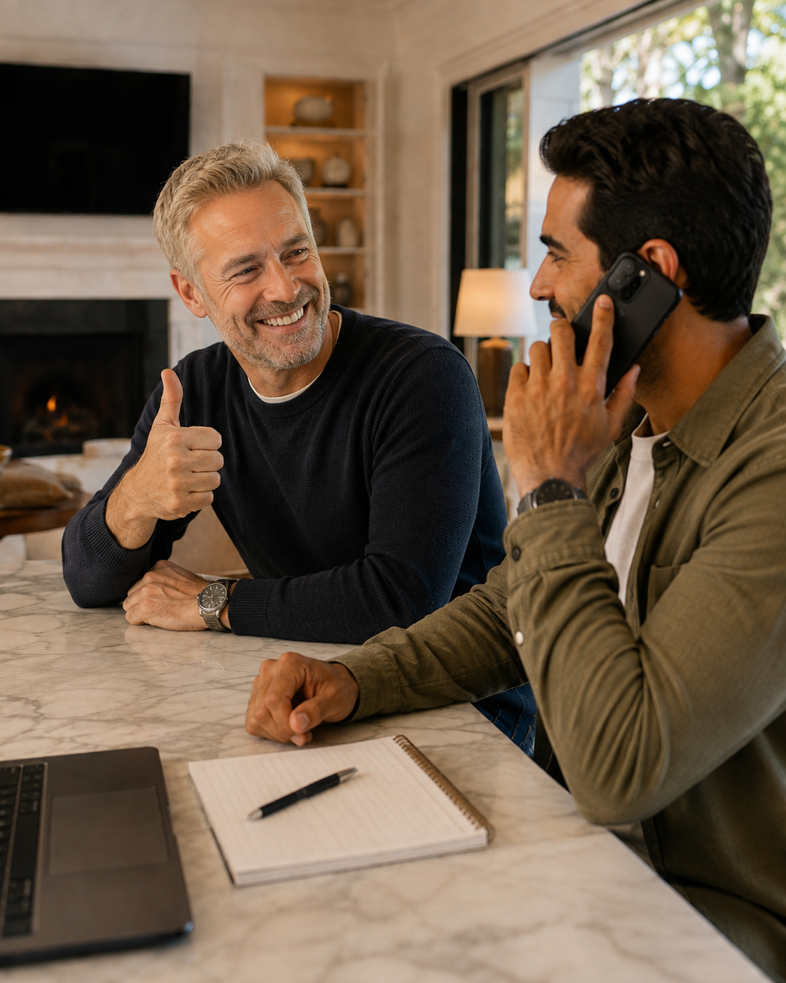 Homeowner calling a recommended professional while a trusted friend gives an approving thumbs-up.
