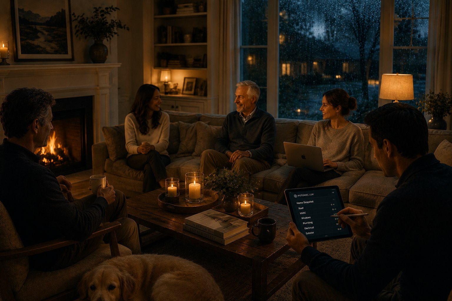 A peaceful evening gathering inside a warm home while rain falls outside, symbolizing calm homeownership and support.