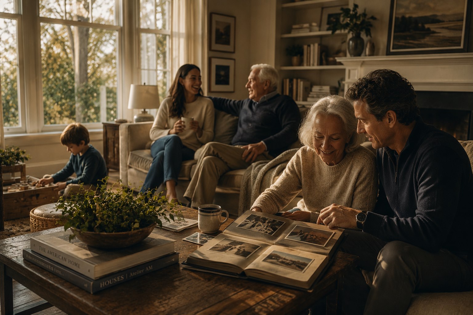 Multiple generations gathered in a warm living room, representing continuity, memory, and long-term home stewardship.