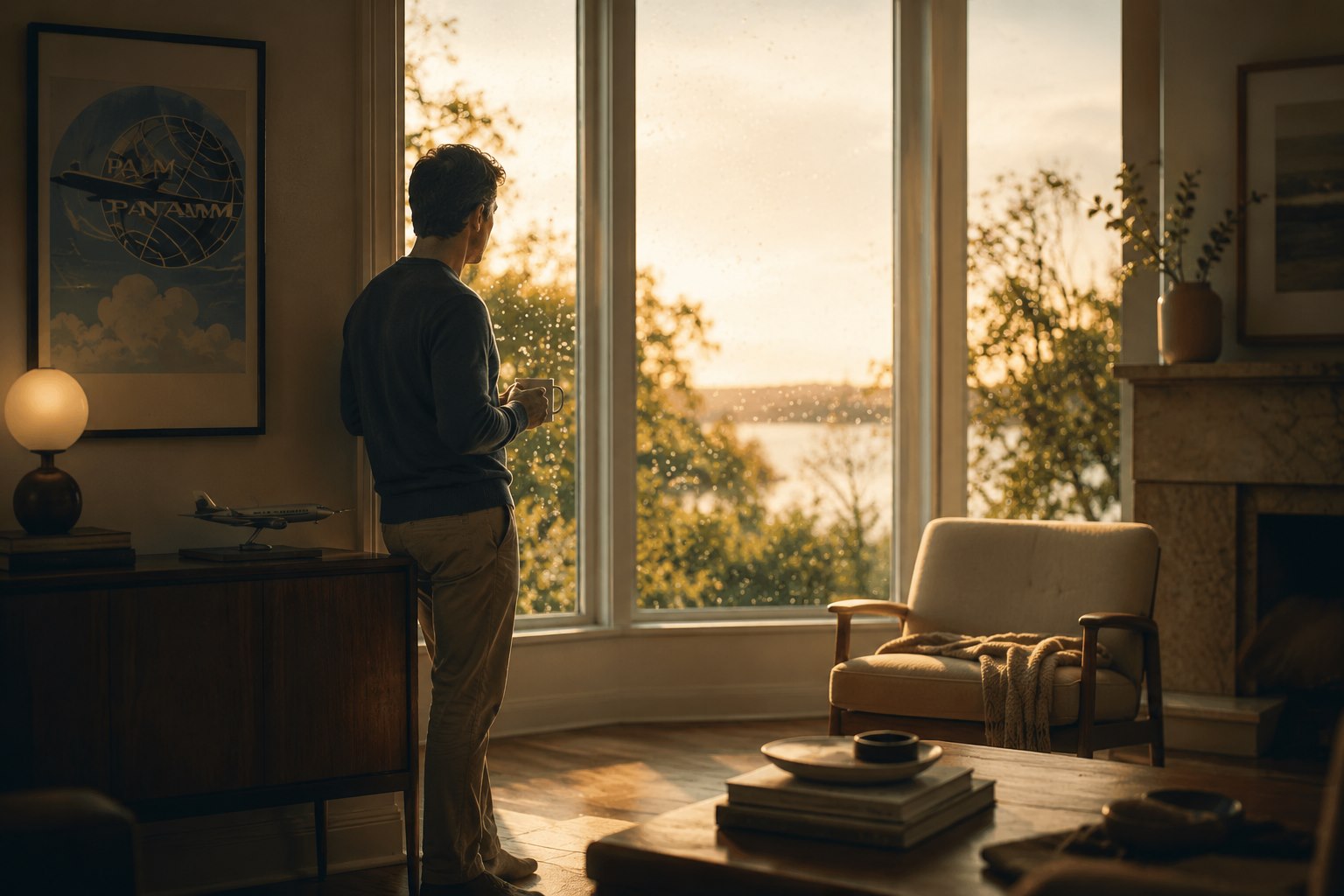 A calm homeowner looking out from a warm, sunlit living room, reflecting the idea of a home being understood over time.