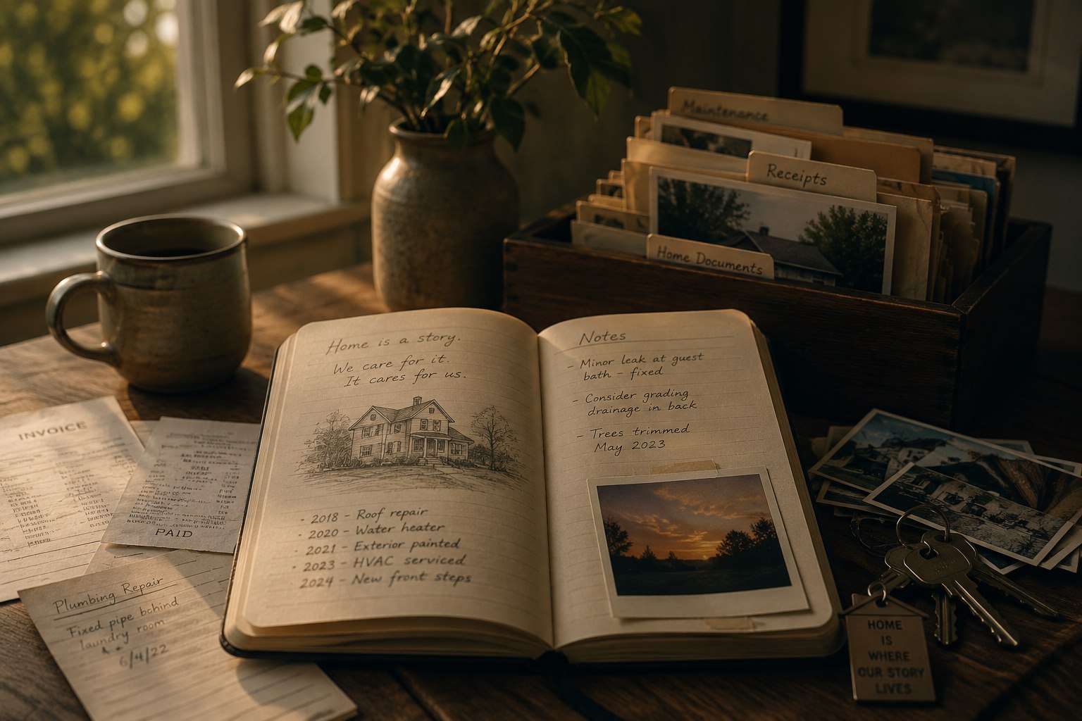 A journal, home records, receipts, and family details showing how a home carries memory through maintenance and care.