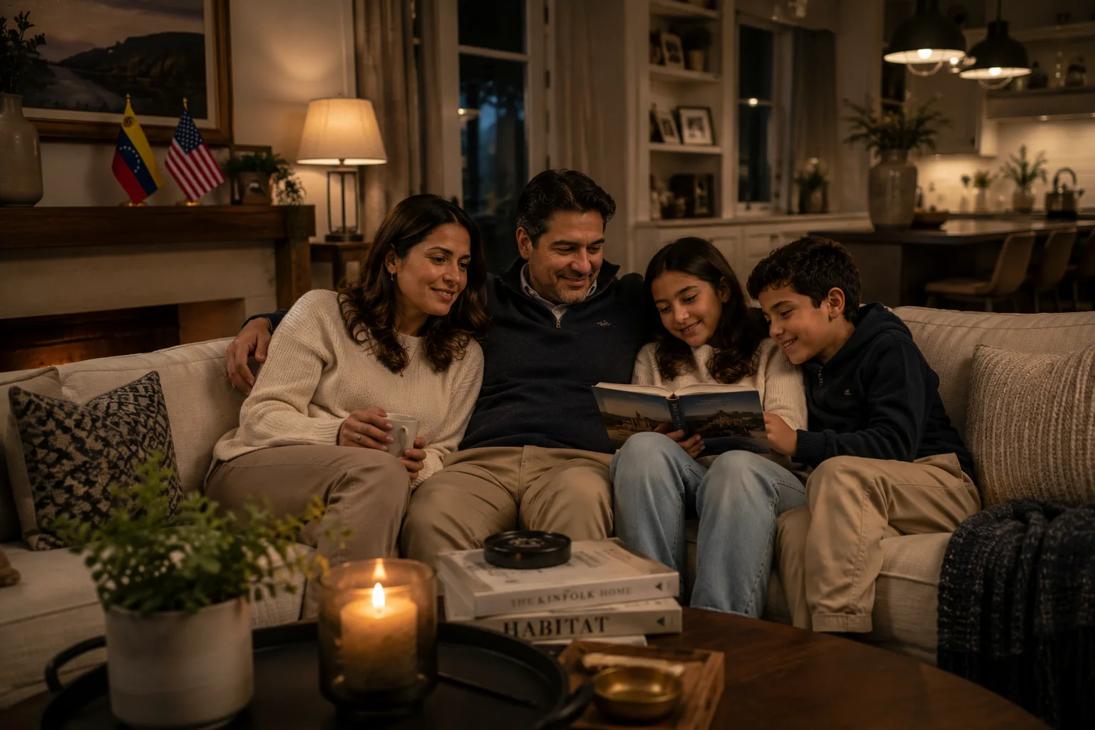 A family gathered peacefully on a warm sofa at night, reflecting the feeling of a home as a safe place to exhale.