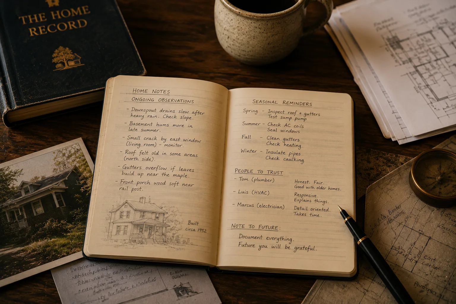 An open home stewardship notebook with seasonal reminders, observations, trusted contacts, and home records arranged on a wooden desk.