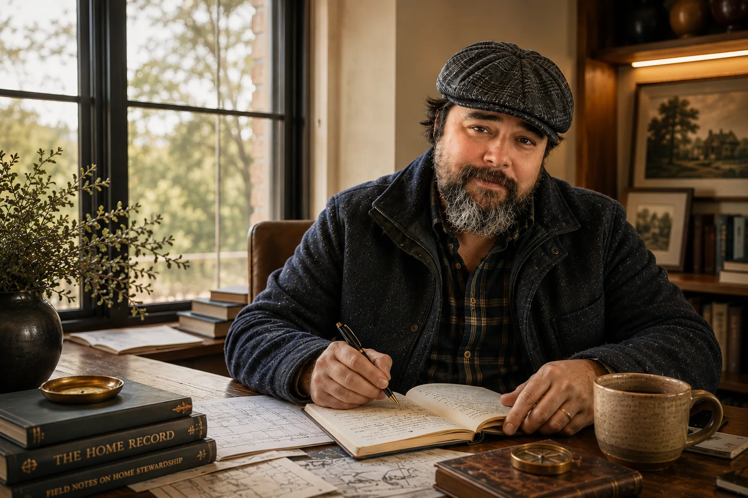 Rafael Michelena writing home stewardship notes beside home records and architectural plans in warm natural light.