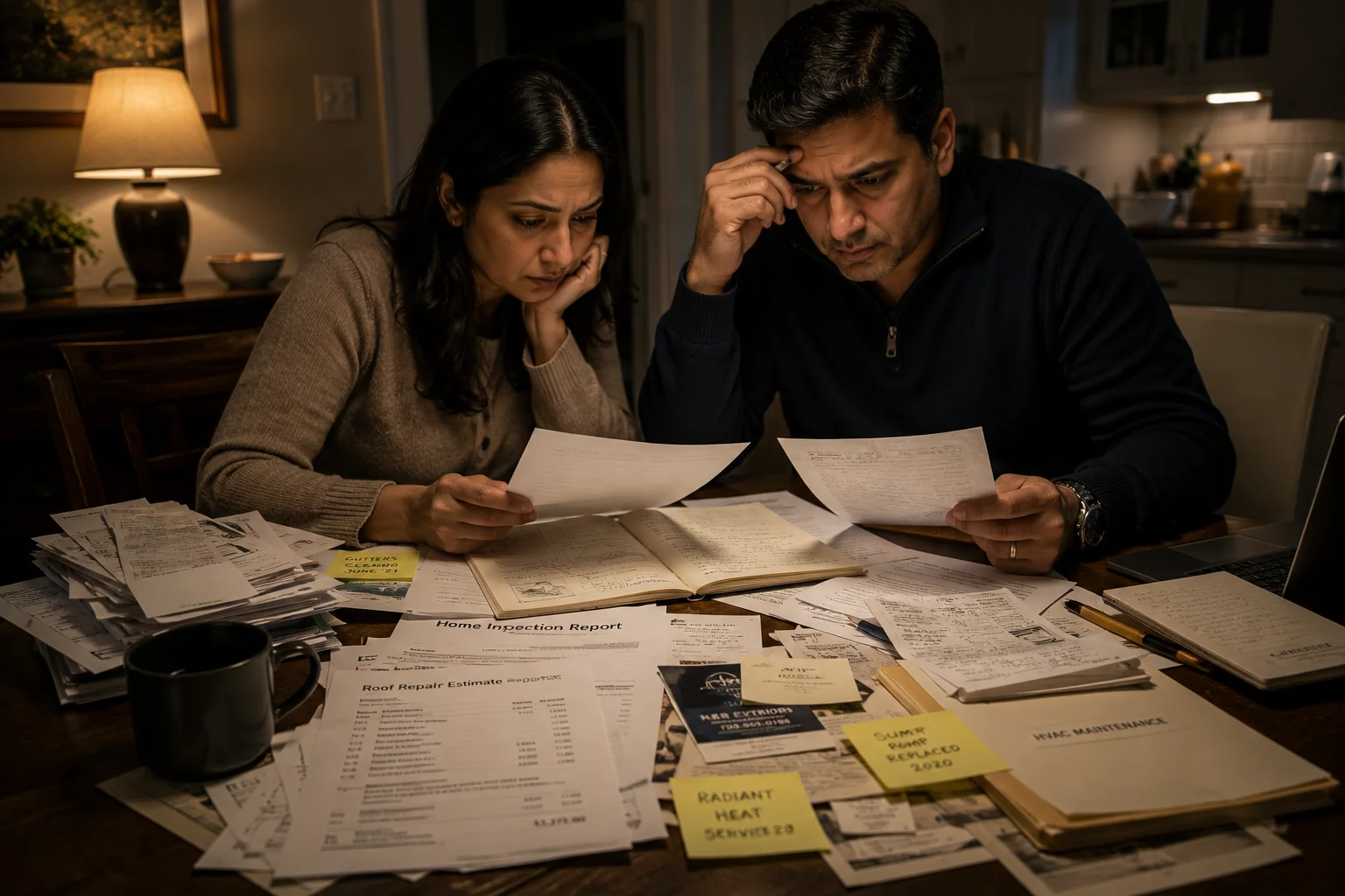 A couple reviewing scattered home records, invoices, inspection reports, and maintenance notes at a table in warm evening light.