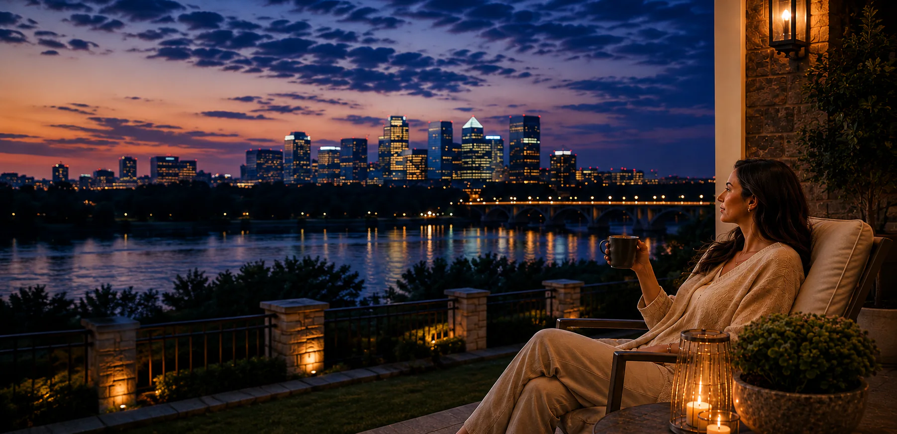 Homeowner relaxing on a terrace overlooking the Potomac River and DMV skyline at dusk.