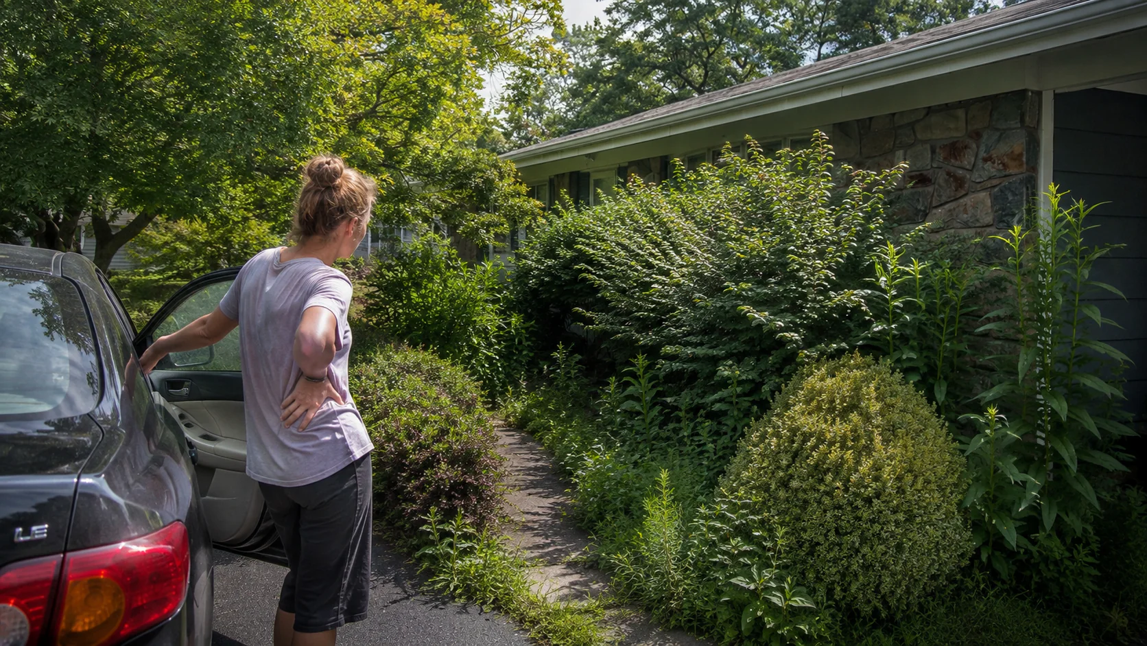 Homeowner arriving at an overgrown Maryland home after summer landscaping has gotten away from them.