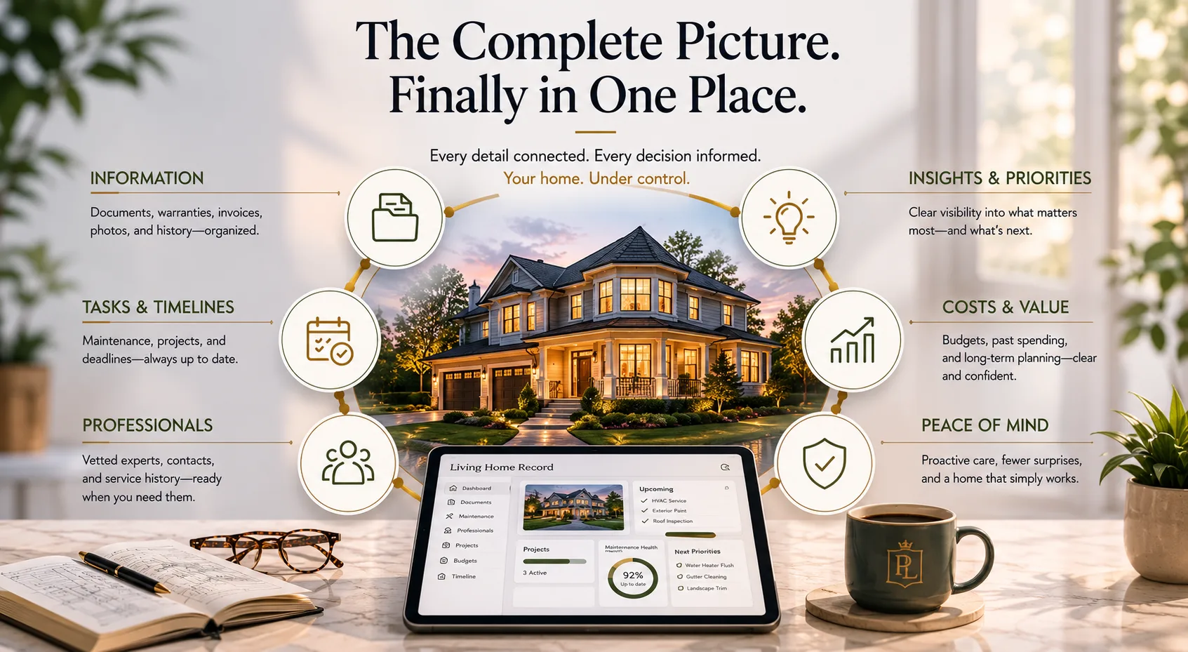 Infographic-style editorial image showing a complete, calmer view of home information, priorities, professionals, and peace of mind.