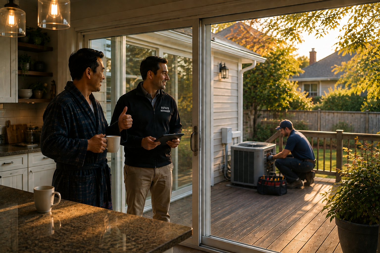 Homeowner relaxing with coffee while an estate manager coordinates an HVAC service visit.