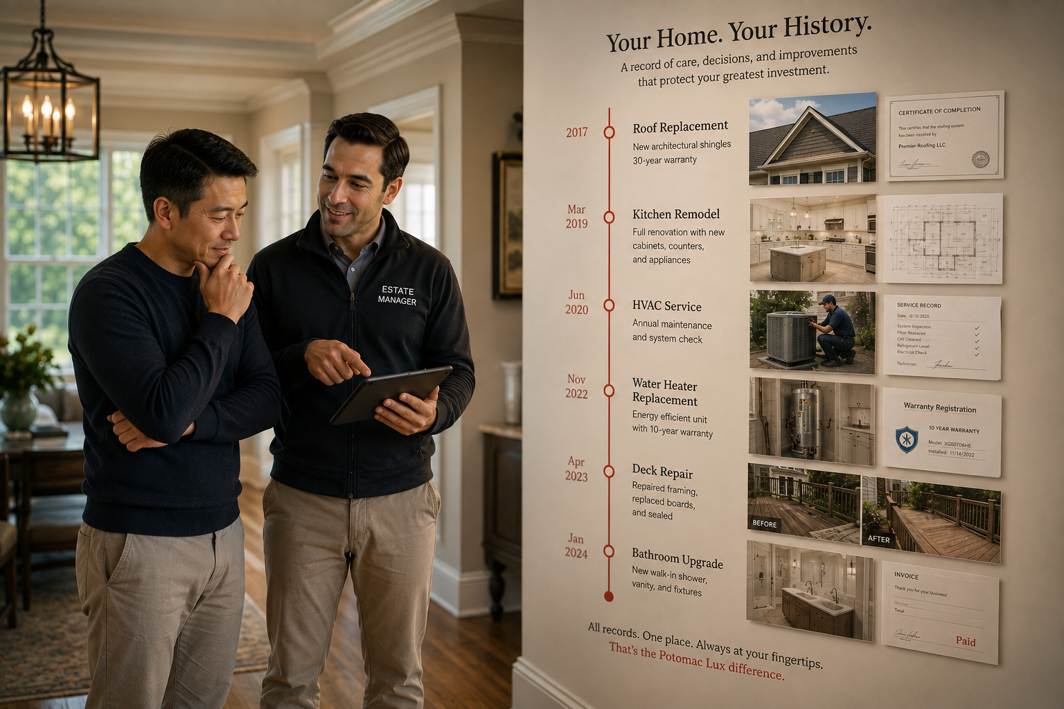 Estate manager showing a homeowner a chronological home history with repairs, upgrades, warranties and service records.