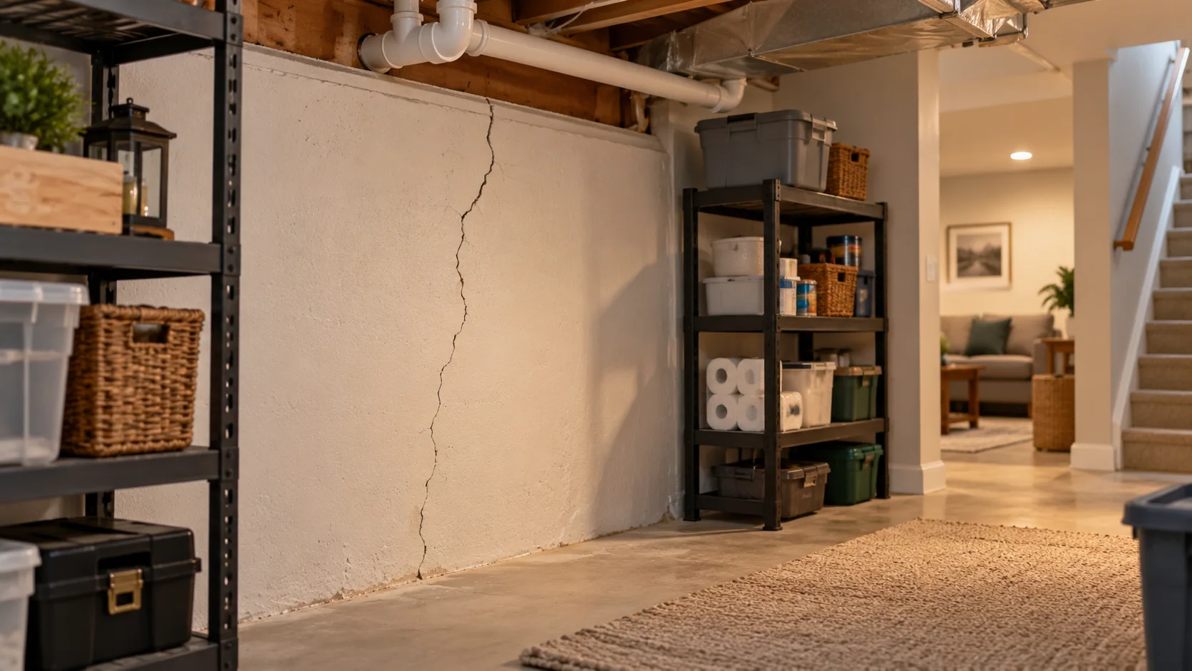 Visible crack in a basement wall beneath exposed household plumbing.