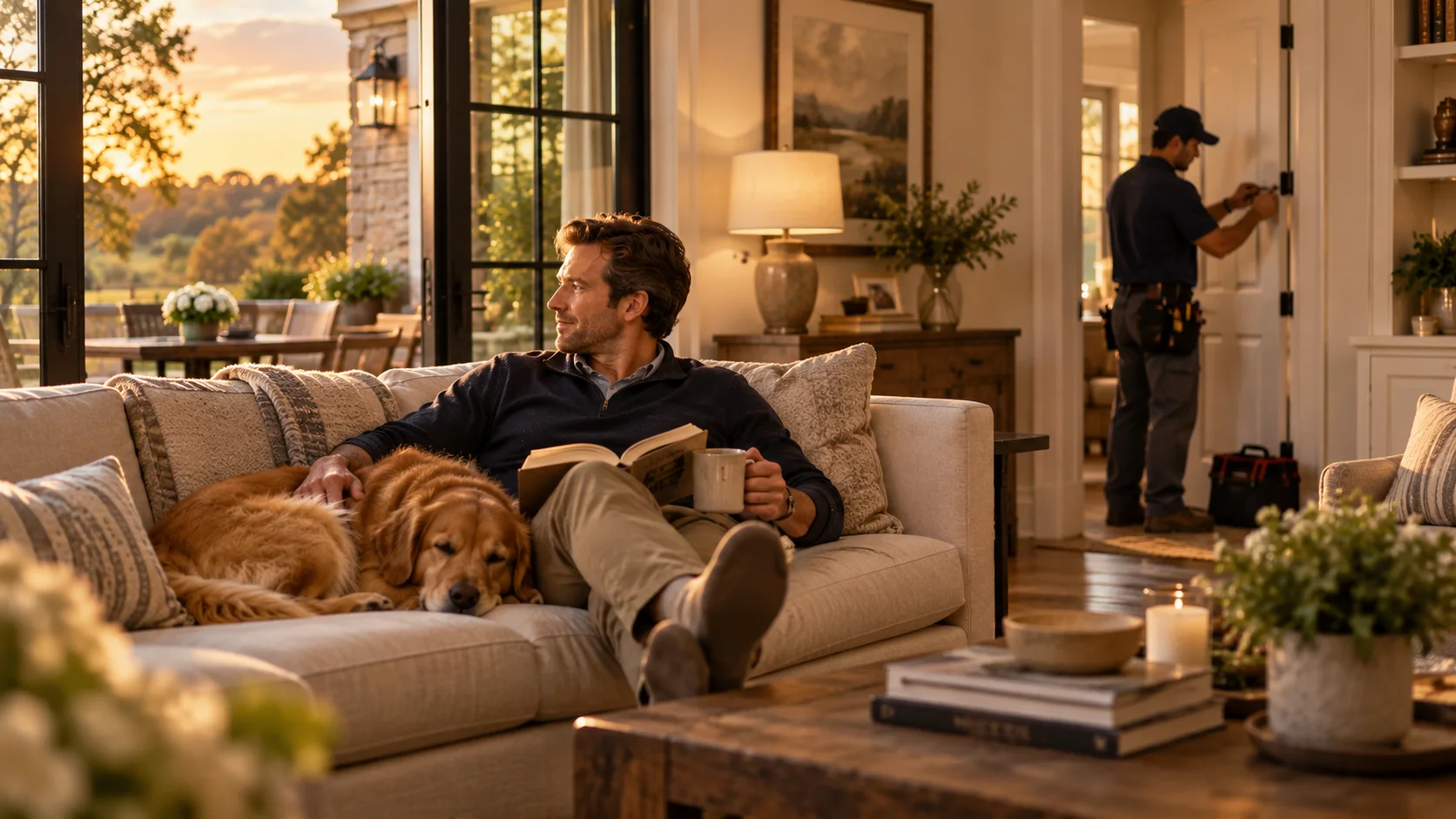 Homeowner relaxing at home while a service professional handles a maintenance task.