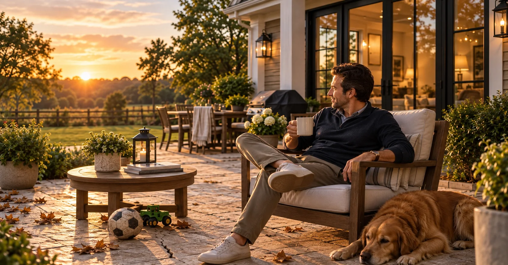 Homeowner relaxing on a backyard patio at sunset while enjoying his home.