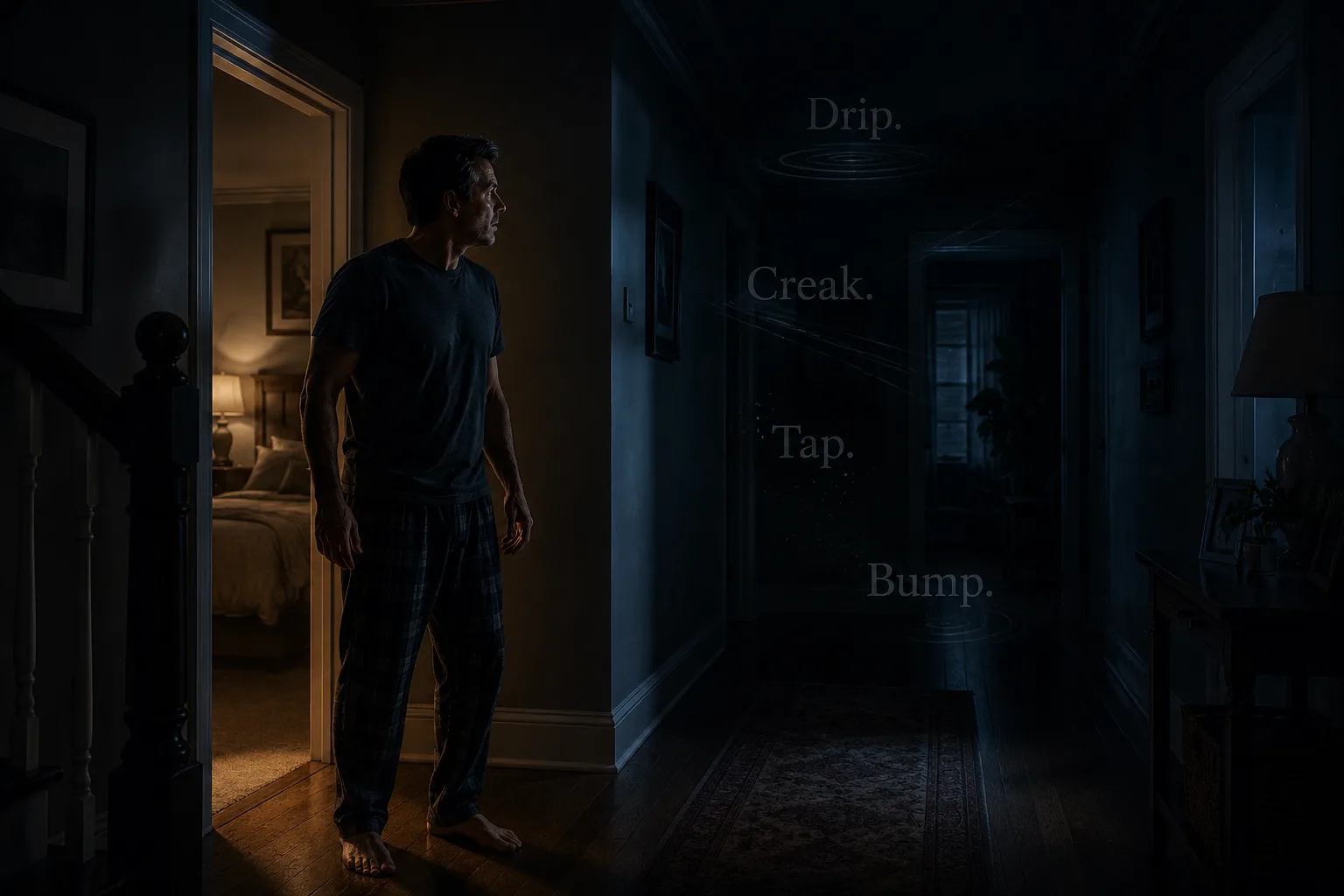 Homeowner awake in the middle of the night listening to unexplained sounds inside the home.