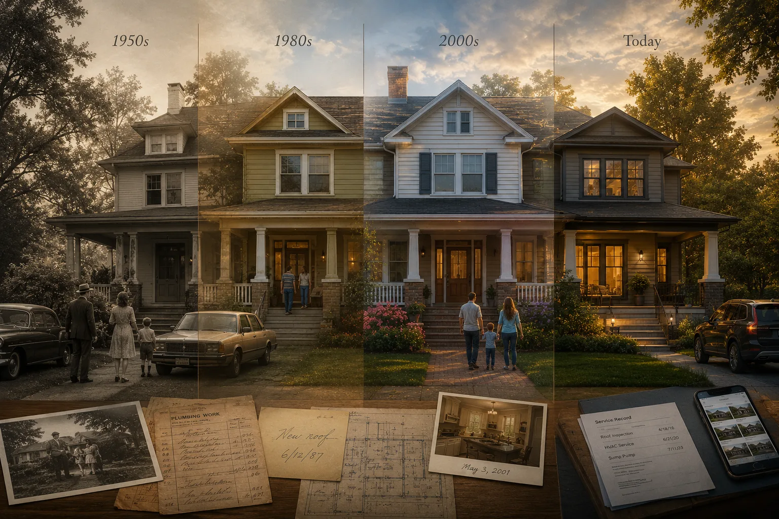 A home shown across multiple generations illustrating how homes outlive memory and records.
