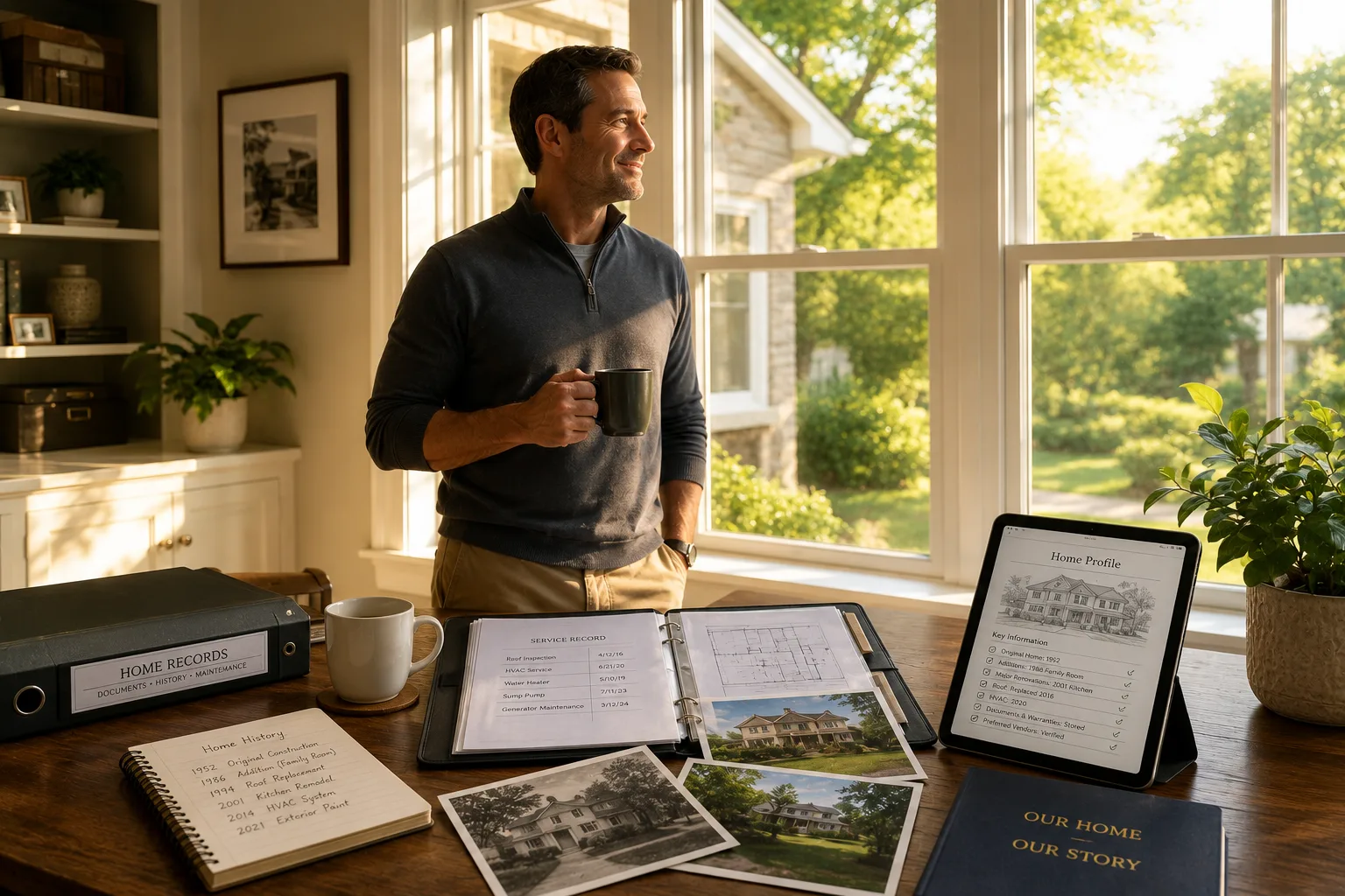 Homeowner confidently reviewing preserved home records in a bright sunlit room.