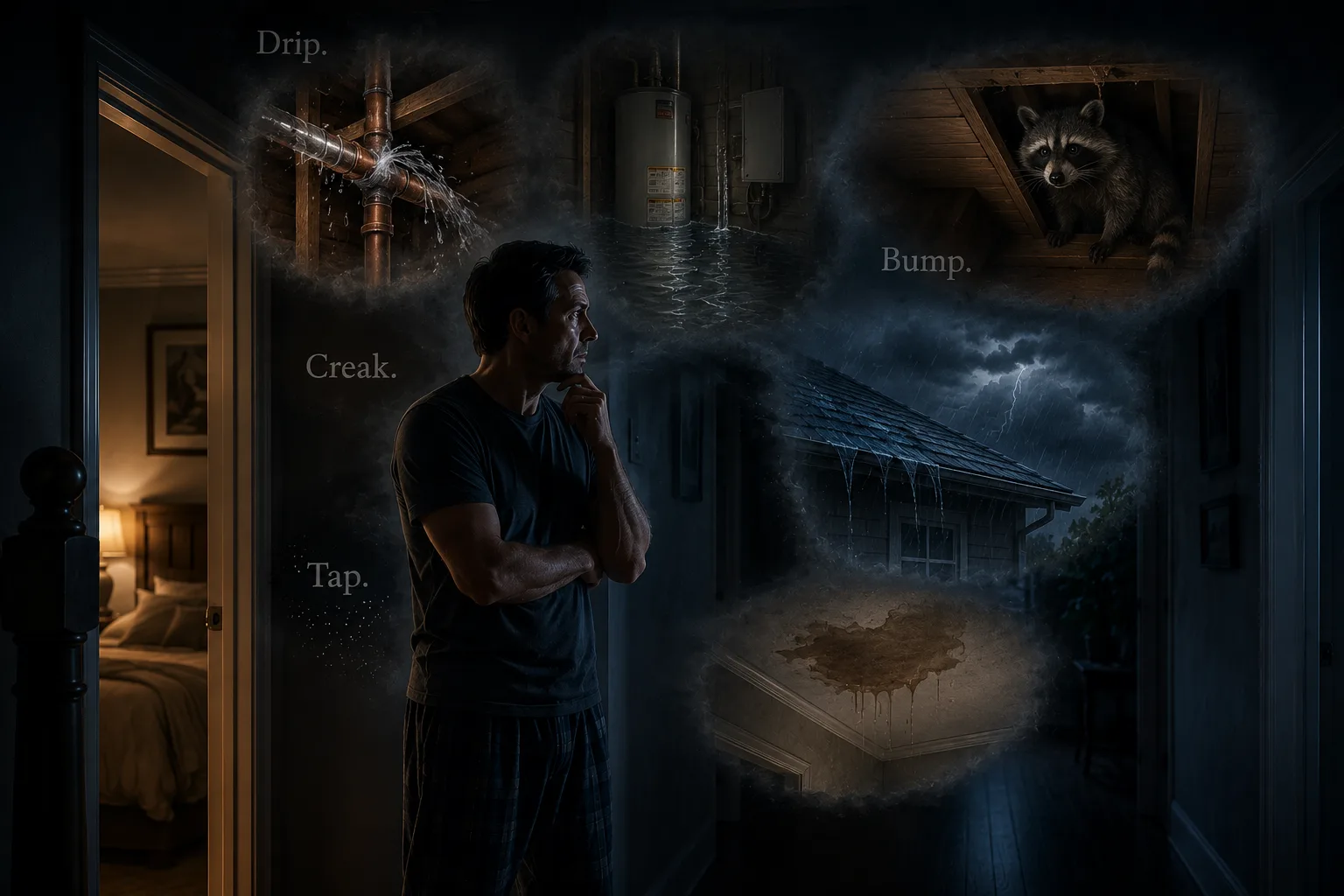 Homeowner imagining multiple possible causes behind an unexplained household sound.