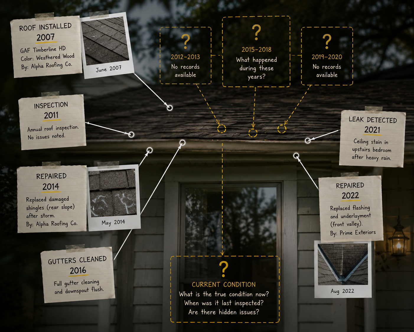A home's fragmented history revealing missing records, lost context, and unanswered questions.
