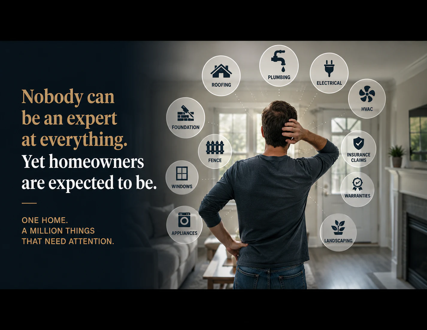 An overwhelmed homeowner surrounded by roofing, plumbing, electrical, HVAC, insurance, landscaping, appliance, window, fence, and foundation concerns.