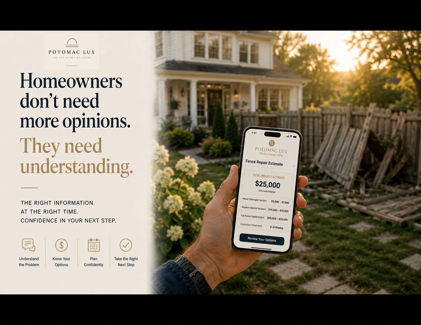 A homeowner using a Potomac Lux repair estimate guide while looking at a damaged fence behind his home.