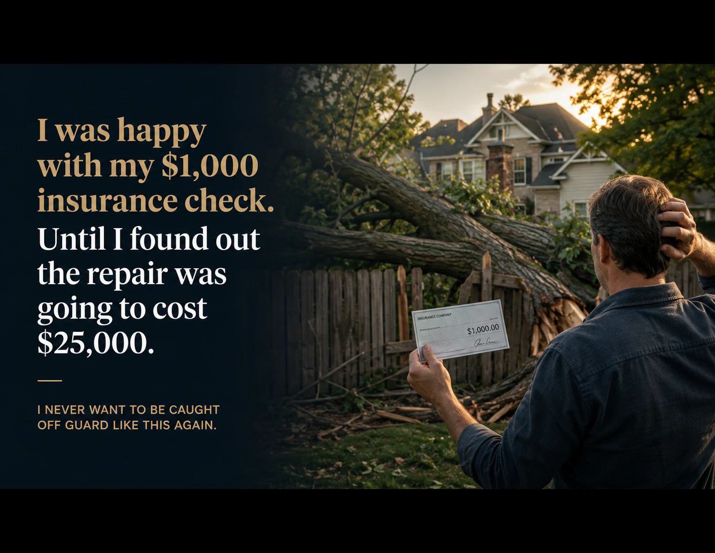 A homeowner holding a $1,000 insurance check while facing a fallen tree, damaged fence, and a repair expected to cost $25,000.