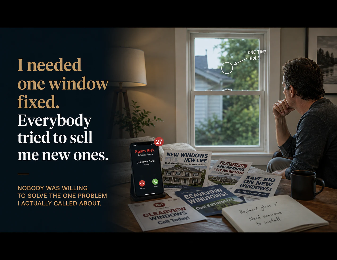 A homeowner looking at one small hole in a window while replacement-window advertisements and an unknown caller compete for his attention.