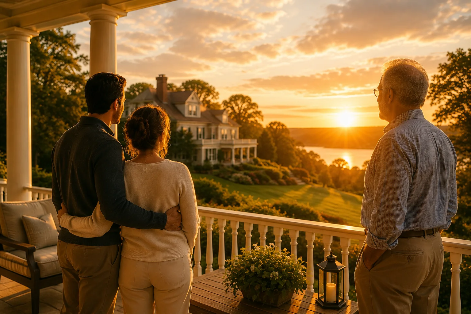 A family and older home steward standing on a porch at golden hour, looking toward a home and river landscape with quiet optimism.