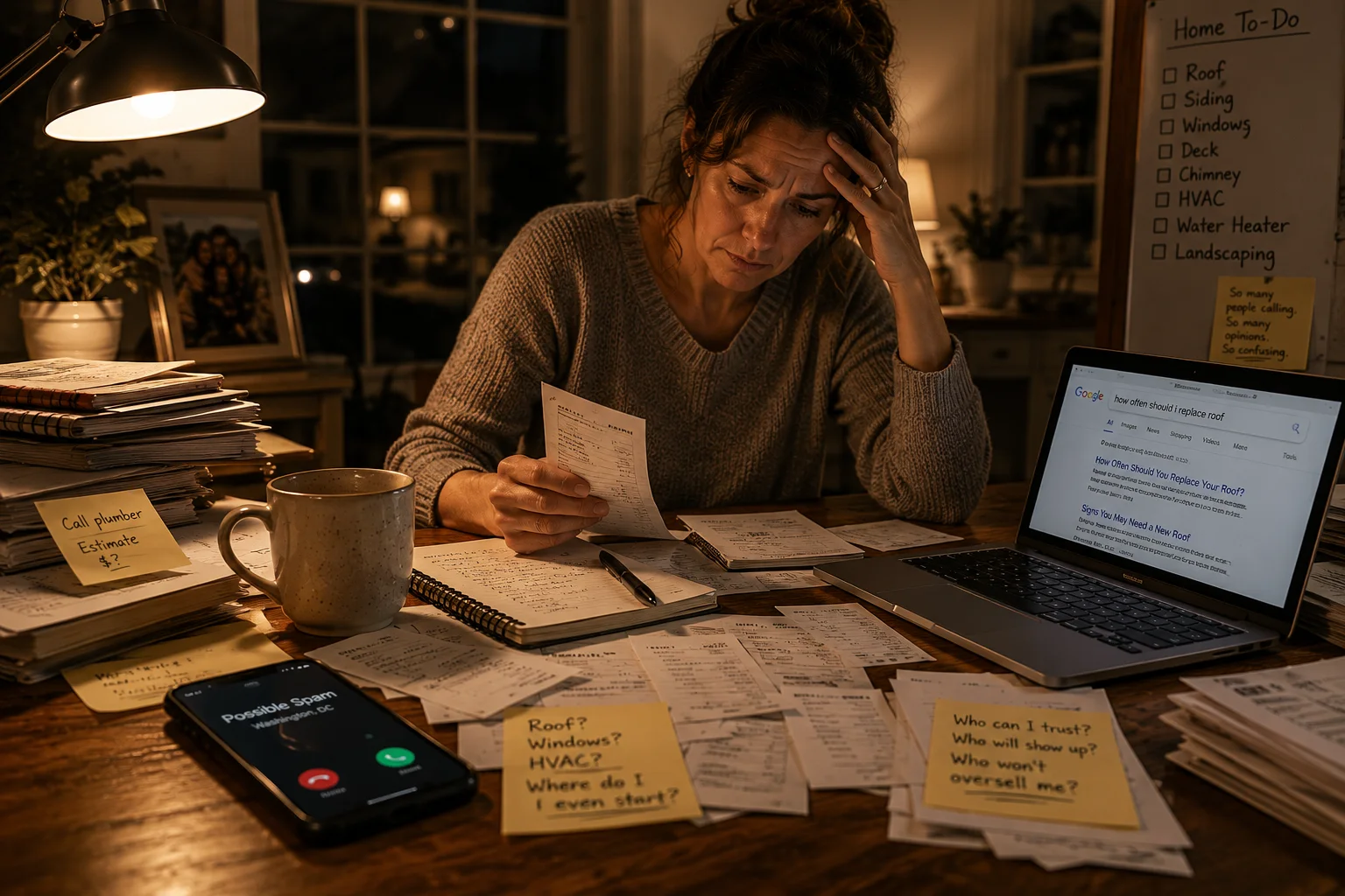 A homeowner surrounded by papers, search results, calls, and home repair questions in warm evening light.