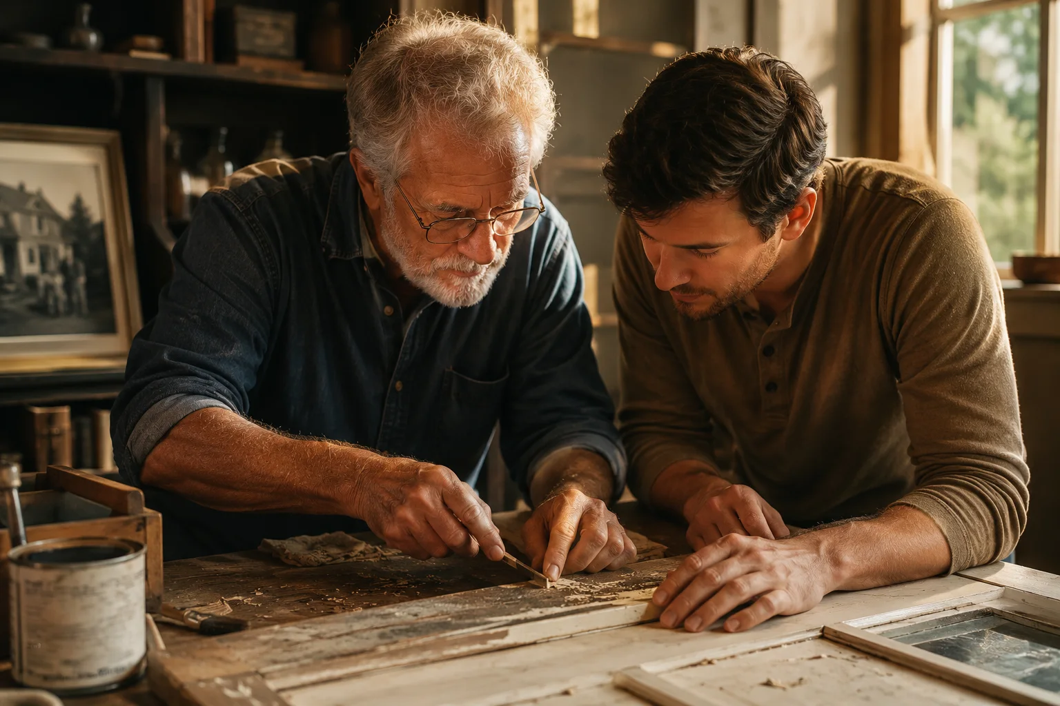 An older craftsman sharing practical home knowledge with a younger homeowner beside a weathered wooden window.