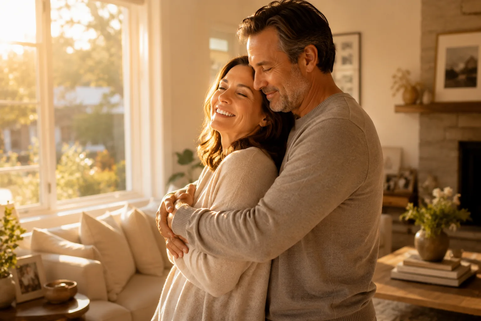 A couple standing together in warm afternoon light, feeling safe and settled inside their home.