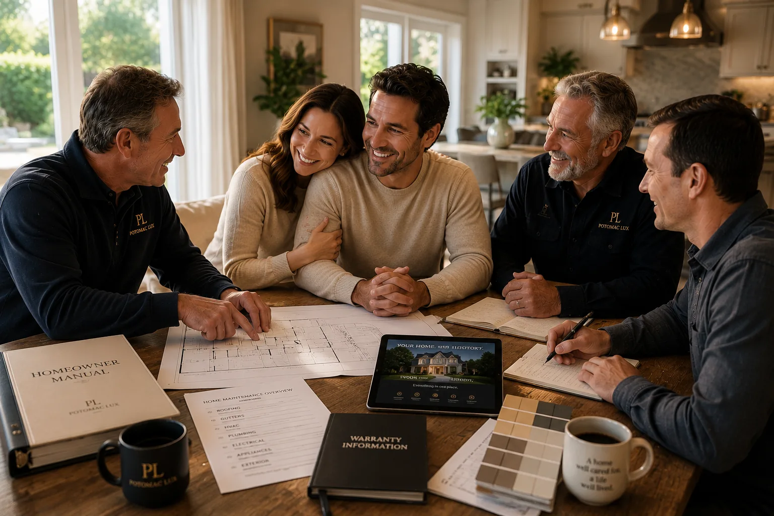 A calm home stewardship conversation around a table with plans, records, warranty information, and homeowners being supported.
