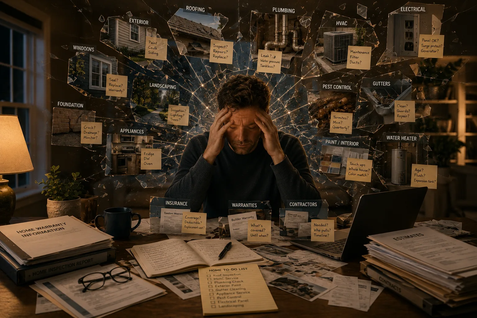 A homeowner at a table surrounded by scattered home records, reminders, and questions about different house systems.