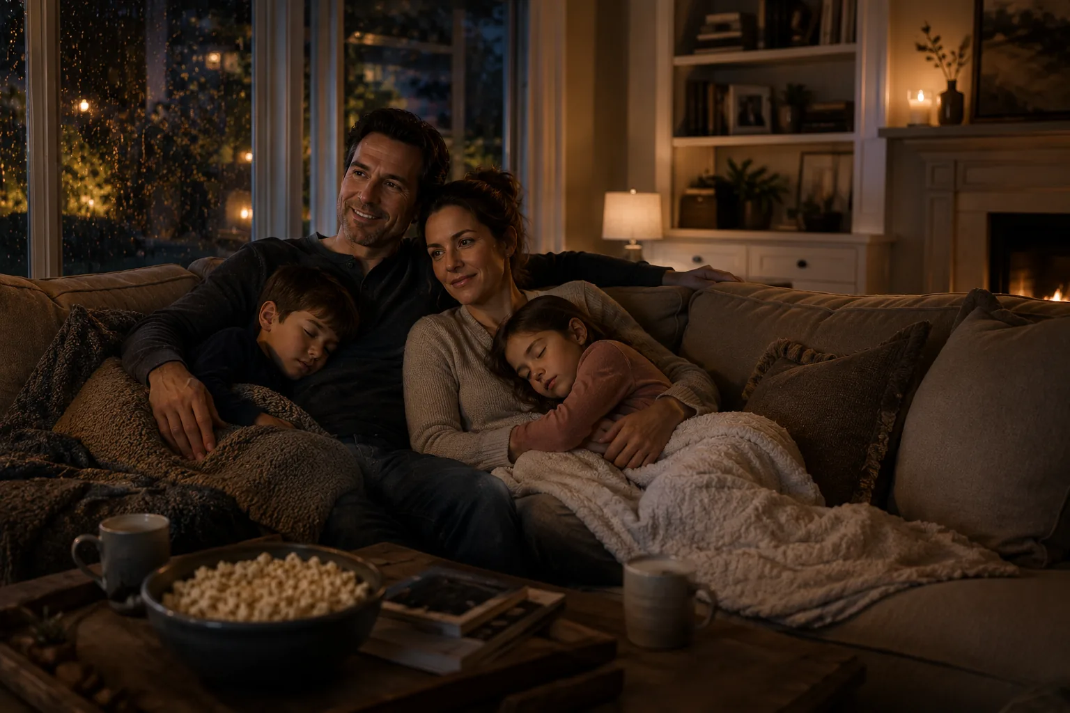 A family resting together in a warm living room on a rainy evening, relaxed and secure in their home.
