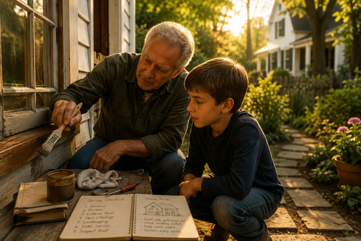 An older adult showing a child how to care for a home's exterior with notes and a seasonal checklist nearby.